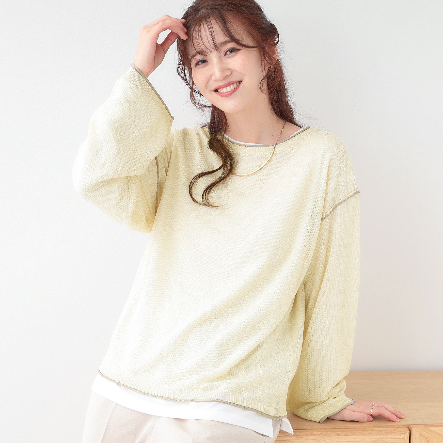 SHOO･LA･RUE「【S-LL/2枚セット】シアー感も楽しめる 光沢カノコ編み配色ニット+ロンT」|ニット・セーター|オフホワイト(503