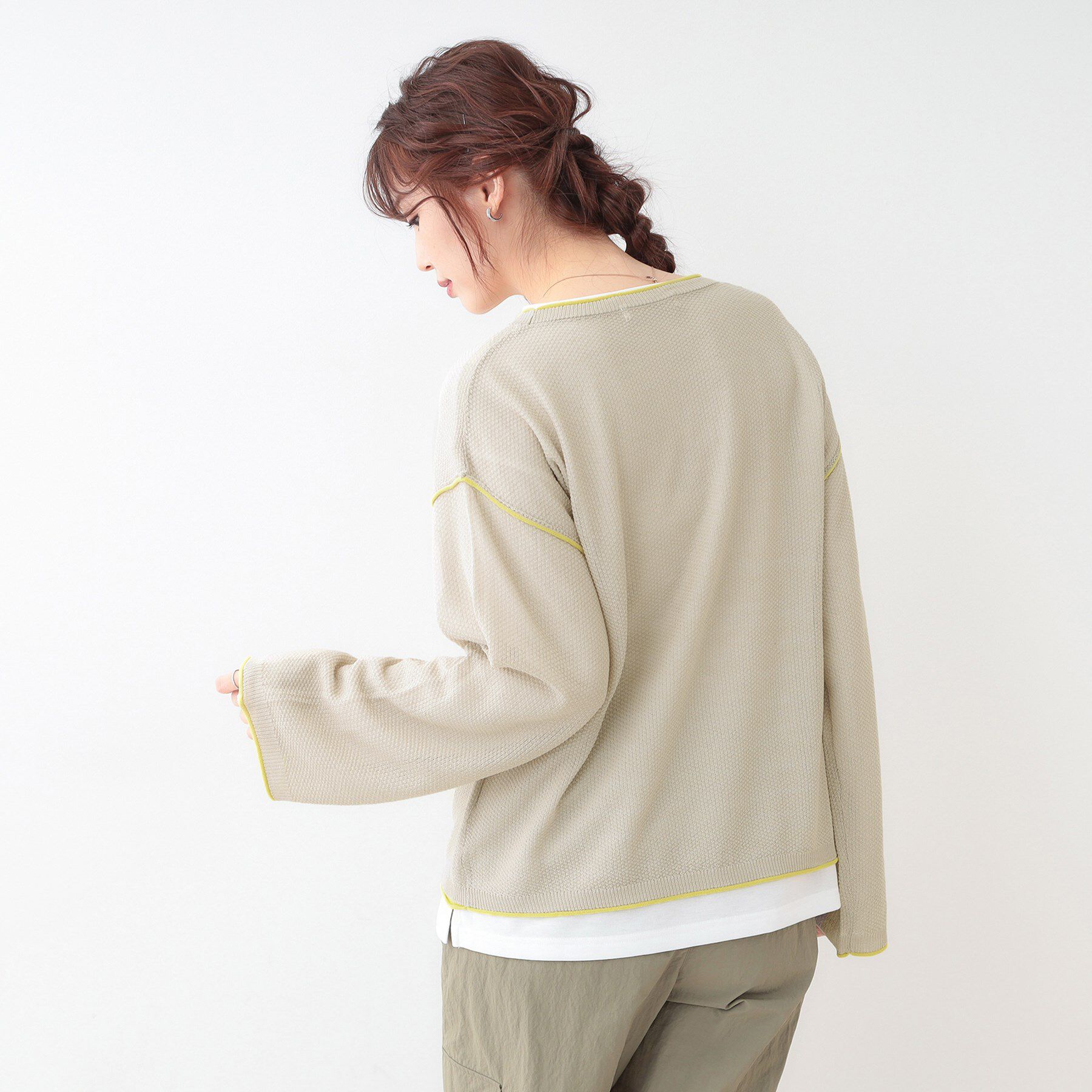 SHOO･LA･RUE「【S-LL/2枚セット】シアー感も楽しめる 光沢カノコ編み配色ニット+ロンT」|ニット・セーター|