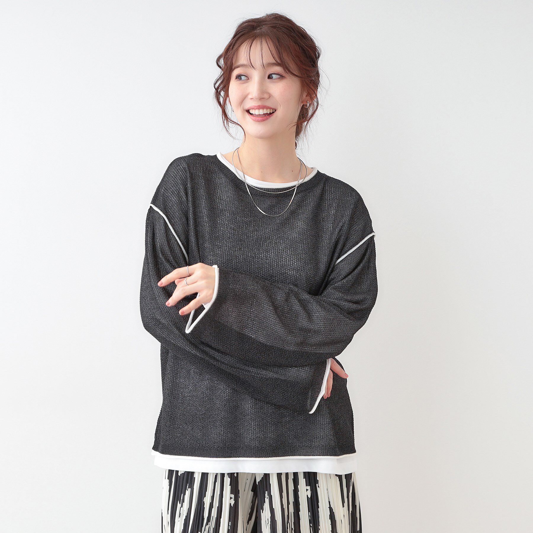 SHOO･LA･RUE「【S-LL/2枚セット】シアー感も楽しめる 光沢カノコ編み配色ニット+ロンT」|ニット・セーター|