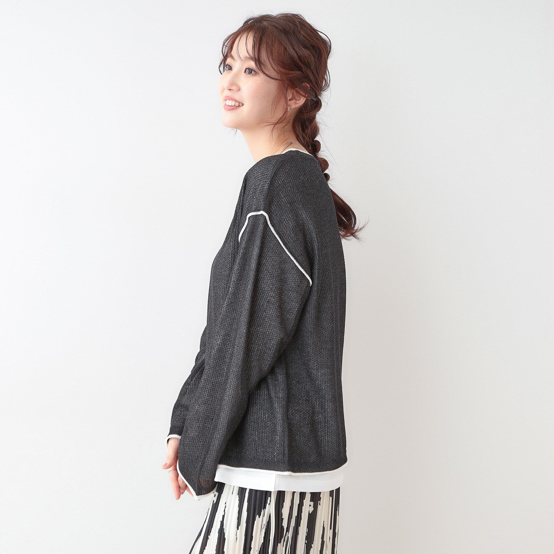 SHOO･LA･RUE「【S-LL/2枚セット】シアー感も楽しめる 光沢カノコ編み配色ニット+ロンT」|ニット・セーター|