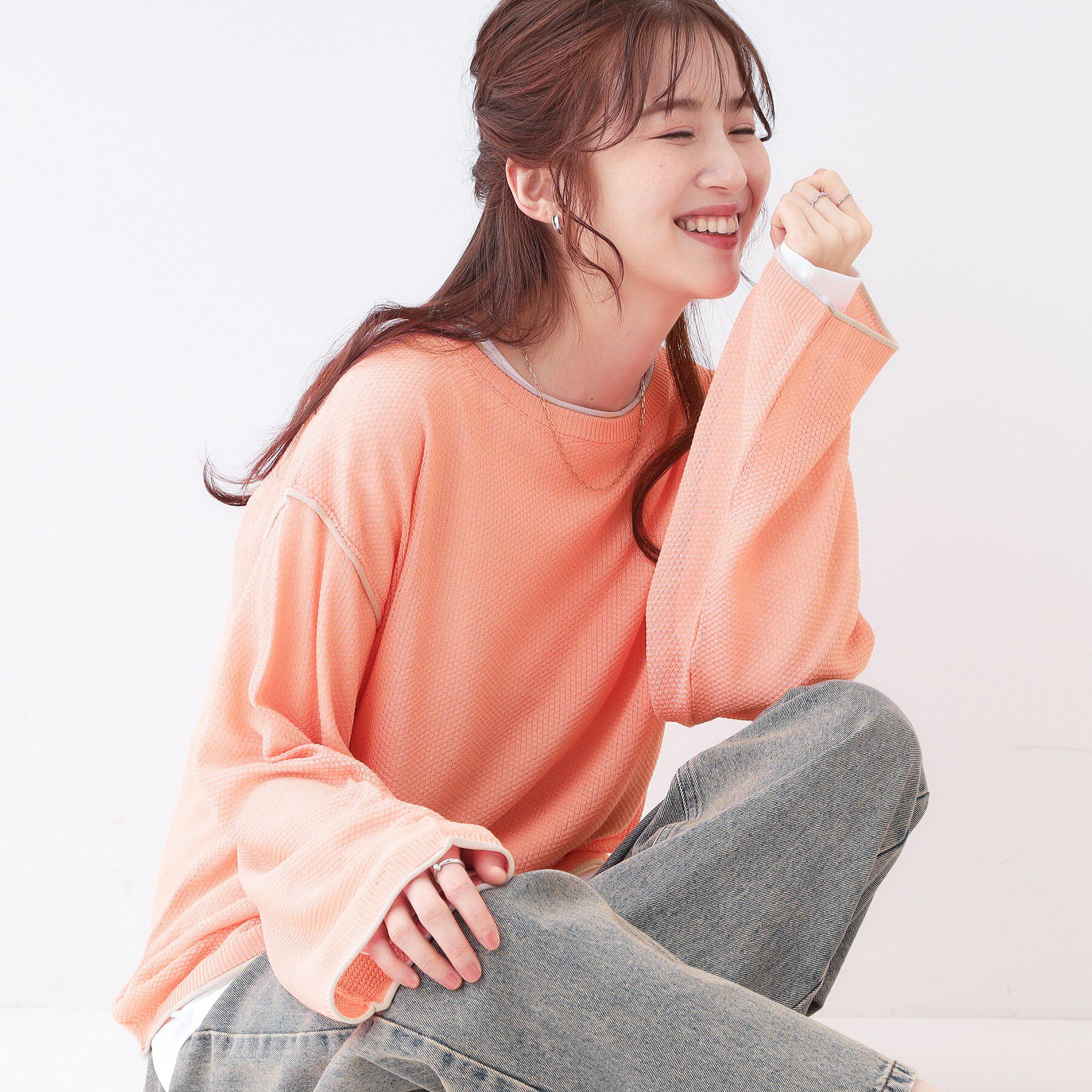 SHOO･LA･RUE「【S-LL/2枚セット】シアー感も楽しめる 光沢カノコ編み配色ニット+ロンT」|ニット・セーター|ピンク(572)