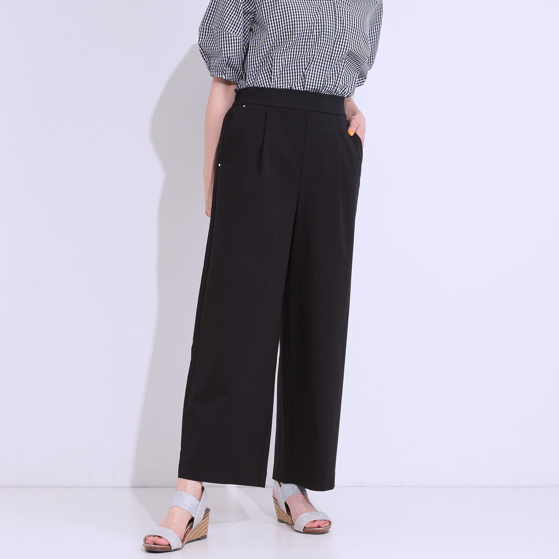 SHOO･LA･RUE「【高レビュー/S-LL/ひんやり】ゴールドパーツがアクセント ストレッチワイドパンツ」|その他|ブラック(019)