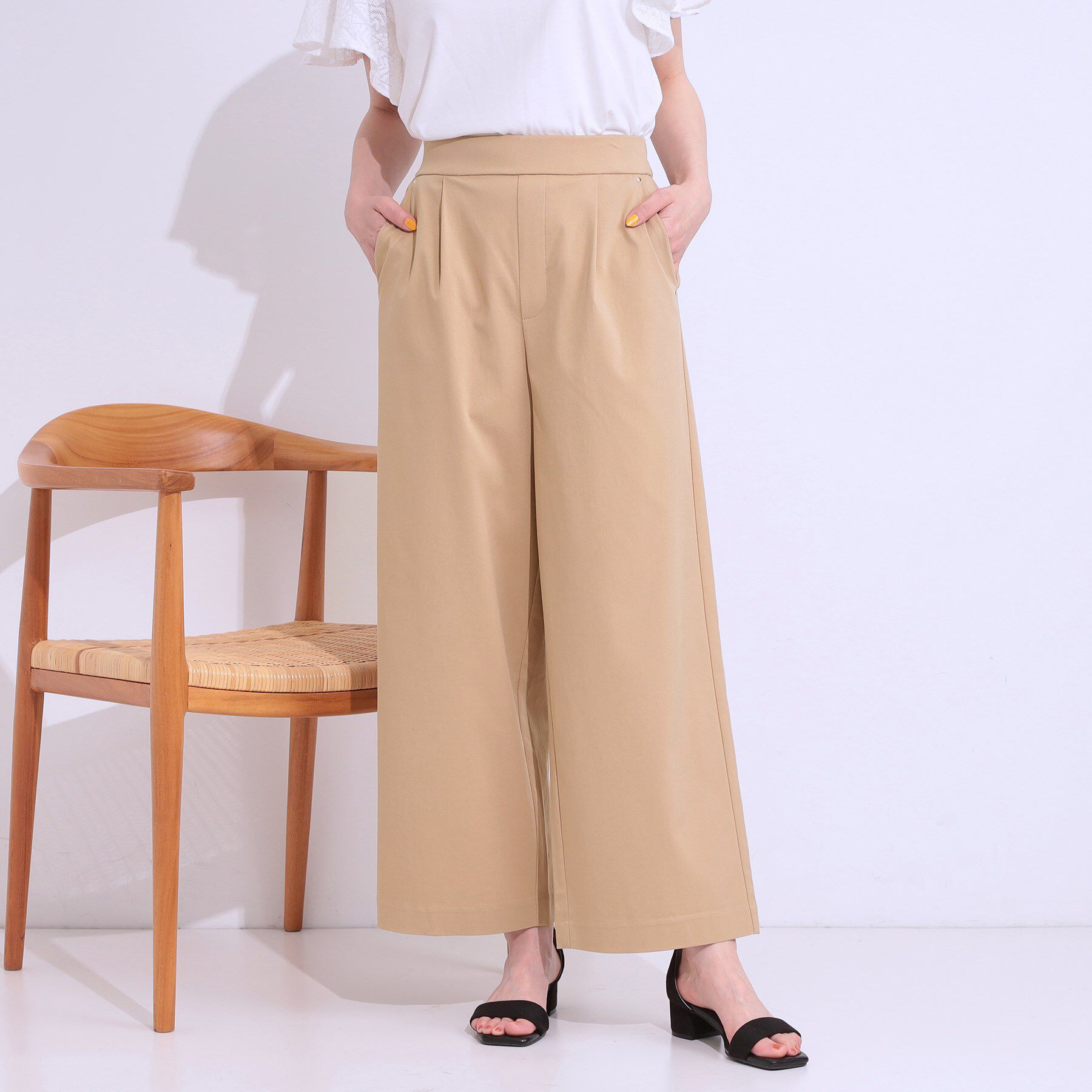 SHOO･LA･RUE「【高レビュー/S-LL/ひんやり】ゴールドパーツがアクセント ストレッチワイドパンツ」|その他|ベージュ(052)