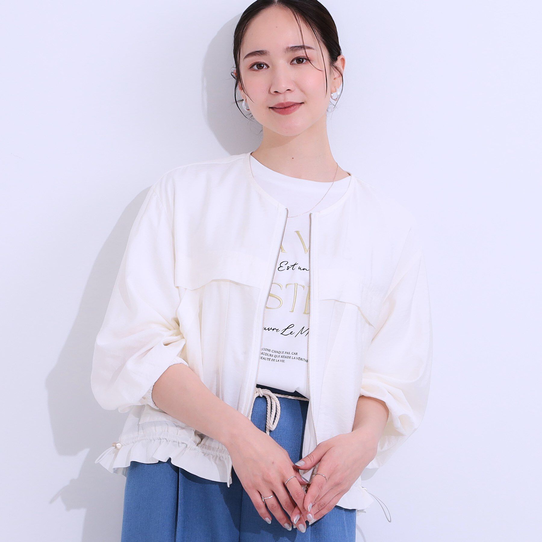 SHOO･LA･RUE「【S-LL】大人のシアー感が魅力 ドロストブルゾン」|ブルゾン・スタジャン|オフホワイト(003