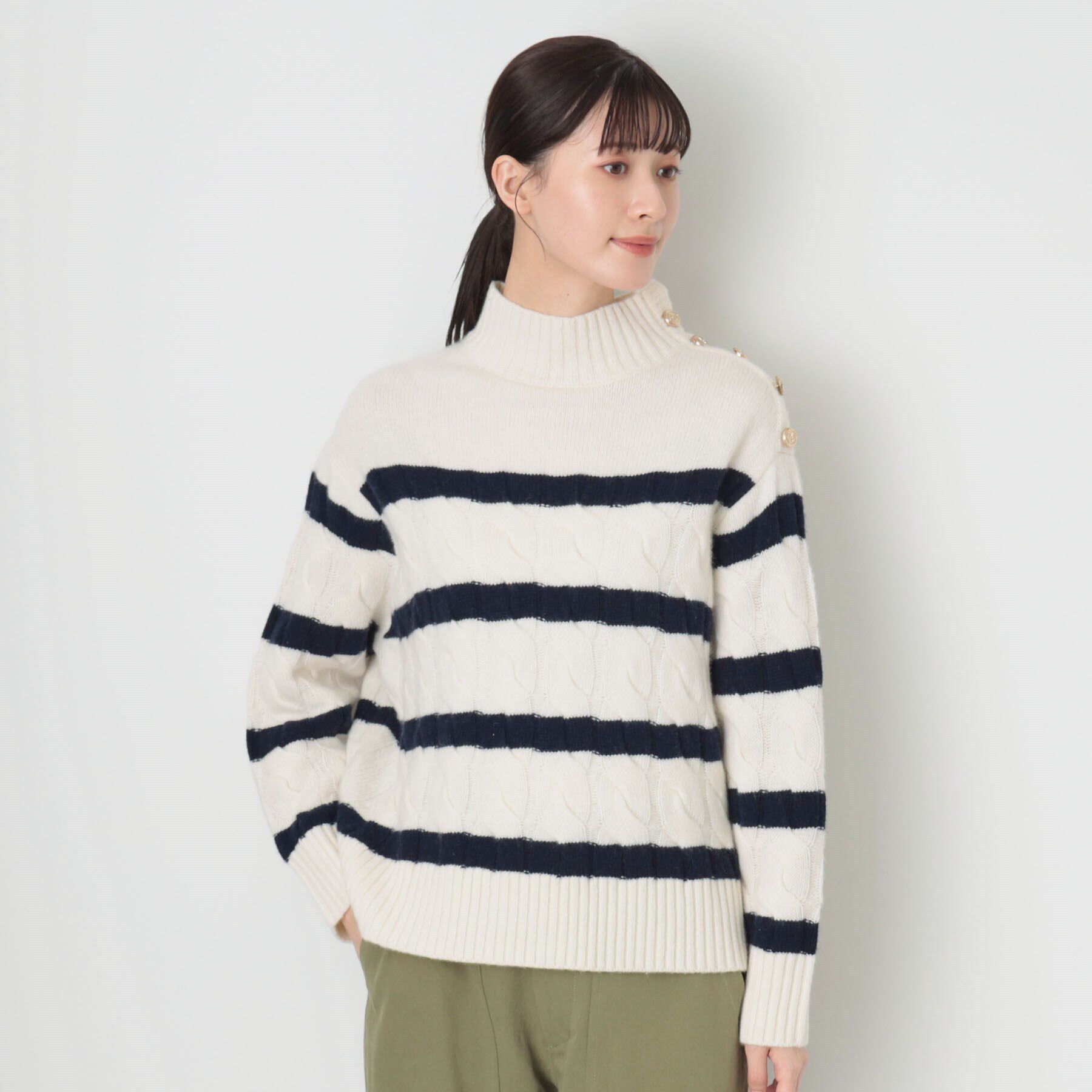 Dessin「【ハミルトンラムズウール・洗える】ケーブルボーダーニット（XS～L）」|ニット・セーター|ネイビー(394)