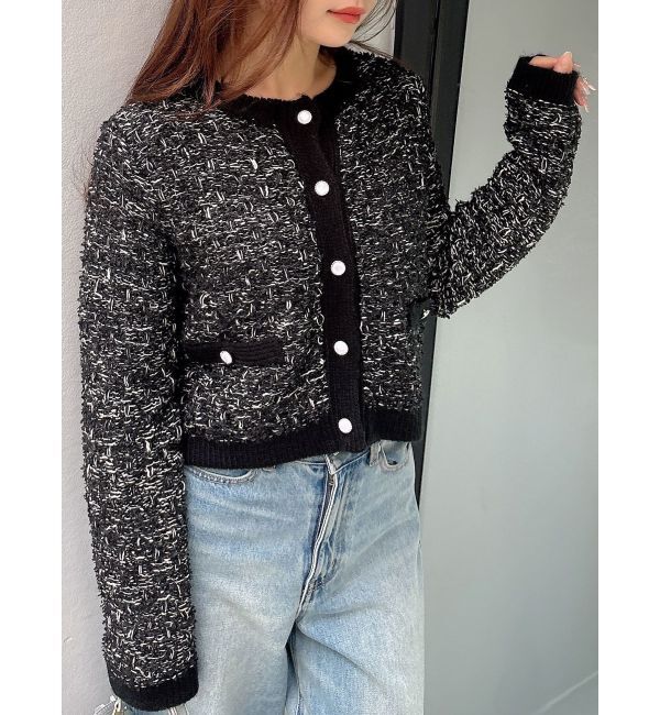 MERCURYDUO「ノーカラーツイードニットカーディガン」|カーディガン|ブラック