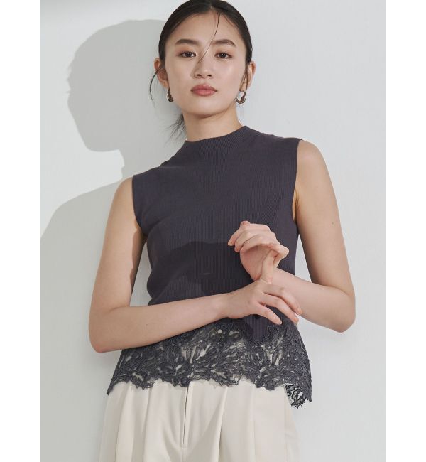 LAGUNAMOON「ヘムレースニットプルオーバー」|ニット・セーター|チャコールグレー