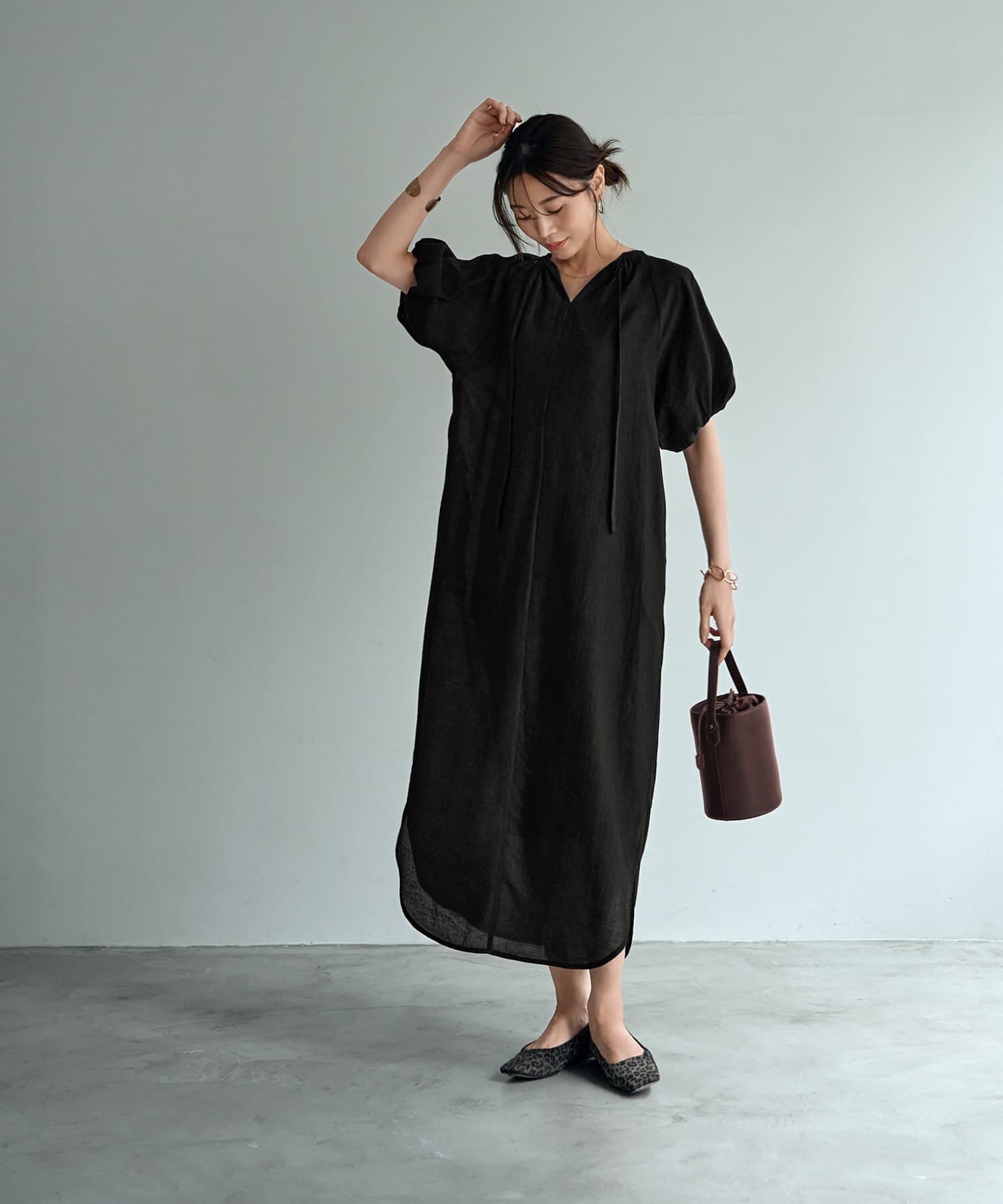 STYLE DELI「バルーンスリーブラグラン楊柳ワンピース」|ワンピース|ブラック