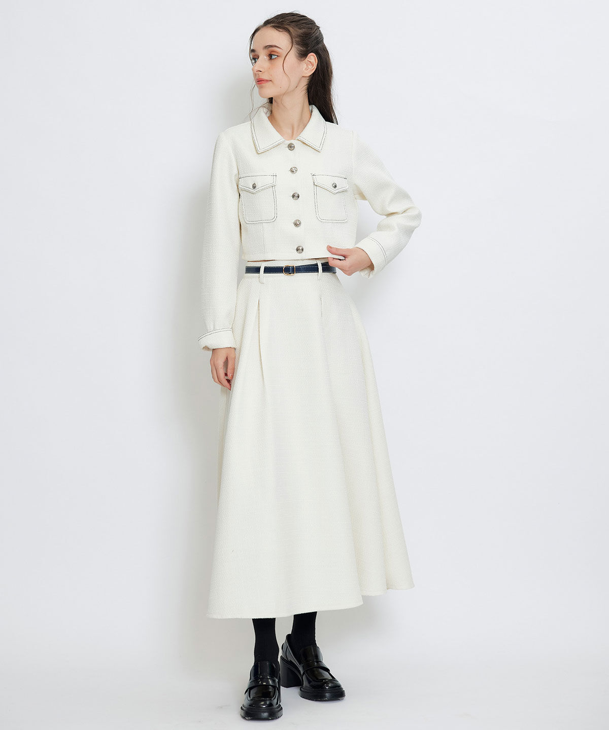 ダブルステッチツイードブラウス×フレアロングスカートセットアップ