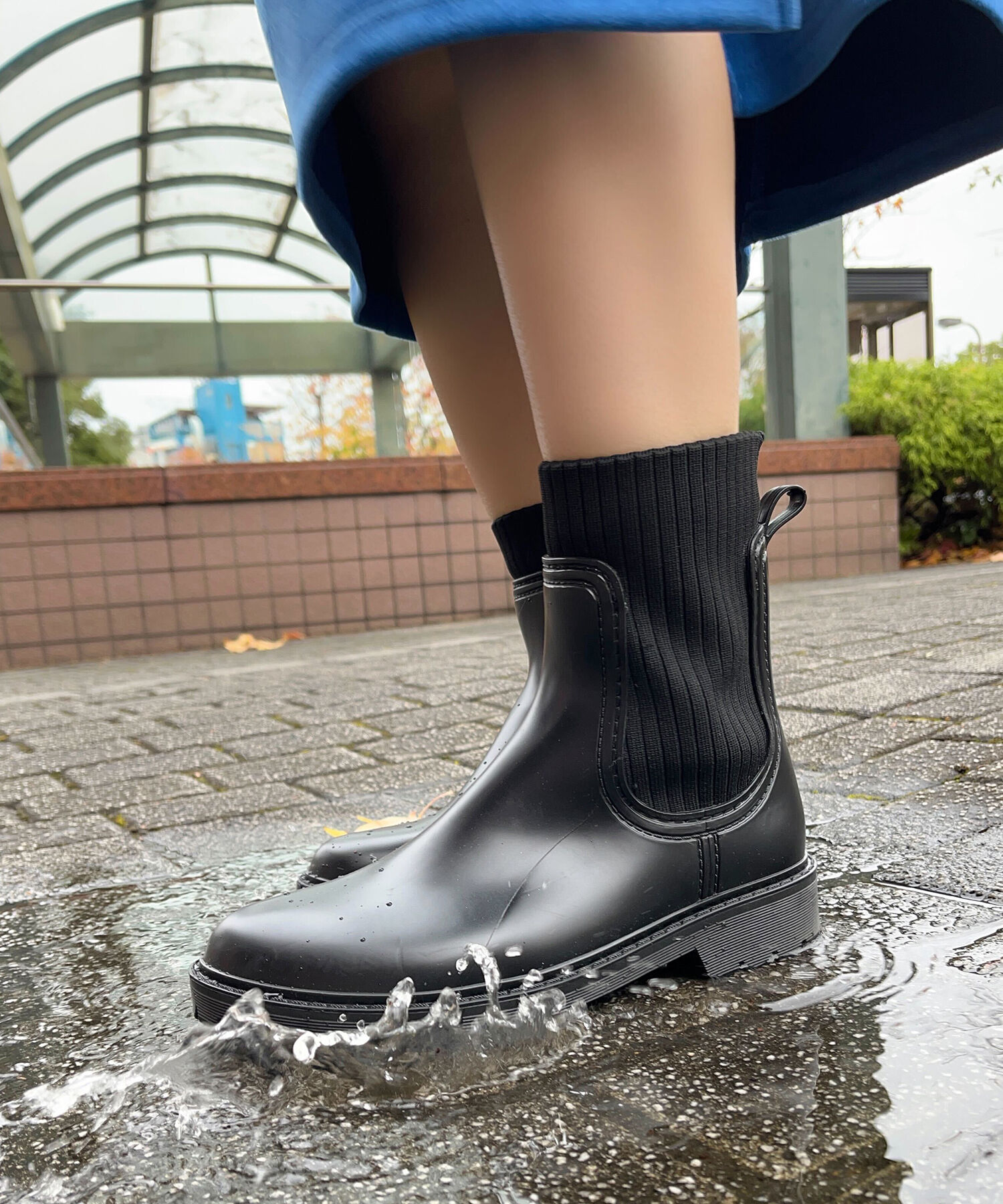 ORiental TRaffic「【防水】切替 ニット レインブーツ /R-0017 レインシューズ ニット 晴雨兼用 ゆったりサイズ」|ショートブーツ|