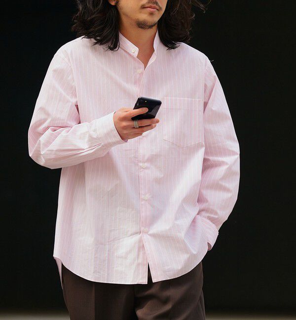 SHIPS「SHIPS: バンドカラー スーピマ コットン ポプリン ストライプ 長袖 シャツ」|シャツ・ブラウス|ピンク