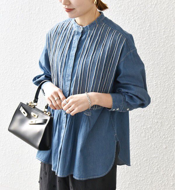 SHIPS any「【WEB限定】SHIPS any:〈洗濯機可能〉デニム シーム バンドカラー シャツ ブラウス」|シャツ・ブラウス|ブルー