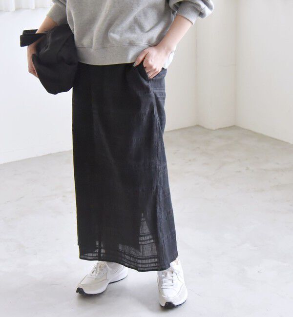 quaranciel「quaranciel:〈洗濯機可能〉シャーリング ボーダー Iライン スカート」|タイト|ブラック