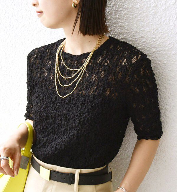 SHIPS for women「〈手洗い可能〉ラッセル レース クルーネック 5分袖 カットソー」|Tシャツ・カットソー|ブラック