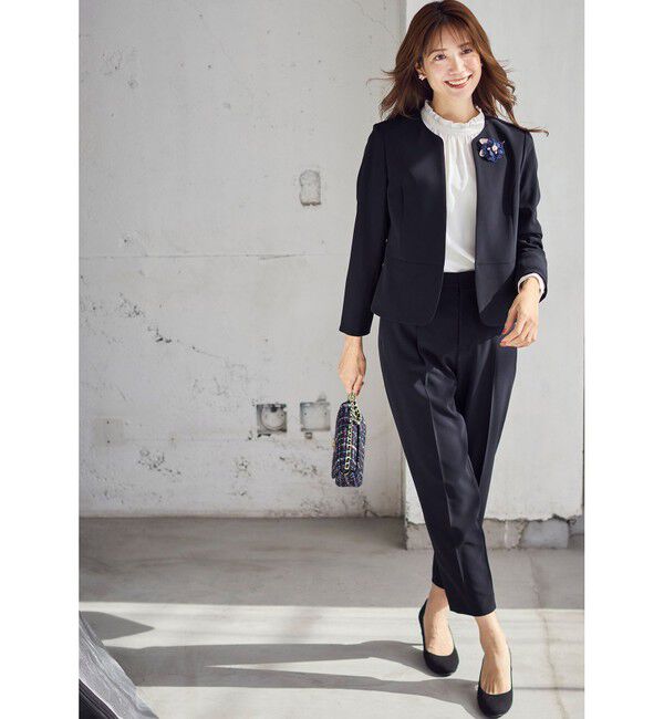 ANY SIS「【洗える】セレモニーダブルクロス クルーカラー ジャケット」|ノーカラージャケット|