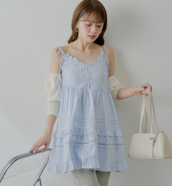  「【WEB限定追加】肩リボンコットンレースフリルキャミミニワンピ」|ワンピース|