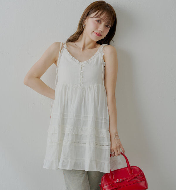 「【WEB限定追加】肩リボンコットンレースフリルキャミミニワンピ」|ワンピース|