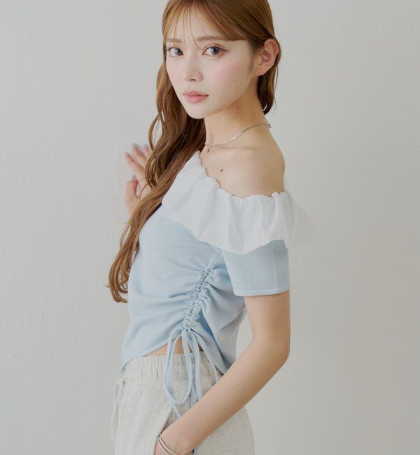  「バルーンフリルドッキングギャザーニット」|ニット・セーター|ブルー