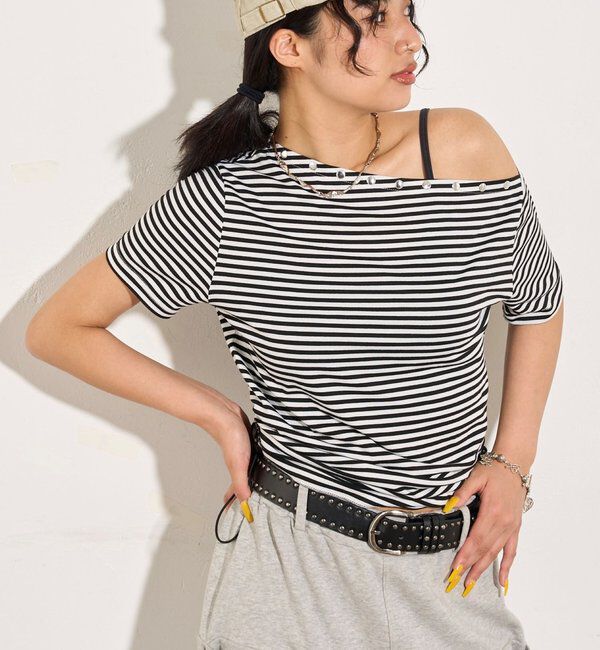  「ワンオフショルスタッズドロストTEE」|Tシャツ・カットソー|