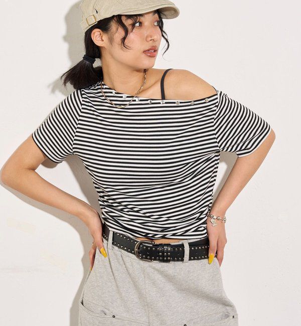  「ワンオフショルスタッズドロストTEE」|Tシャツ・カットソー|