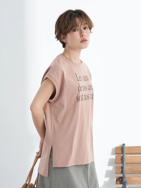 earth music&ecology「フレンチスリーブロゴTシャツ」|Tシャツ・カットソー|ピンクベージュ