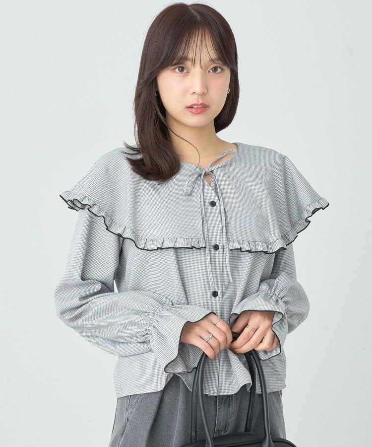 earth music&ecology「ラッフルカラーチェックブラウス」|シャツ・ブラウス|Black