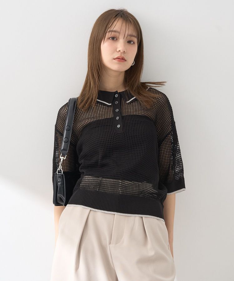 earth music&ecology「メッシュポロニットプルオーバー」|ニット・セーター|Black