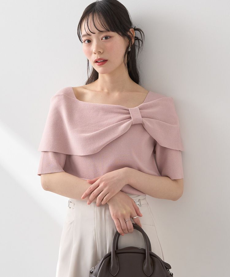 earth music&ecology「リボン半袖ニットプルオーバー」|ニット・セーター|Pink