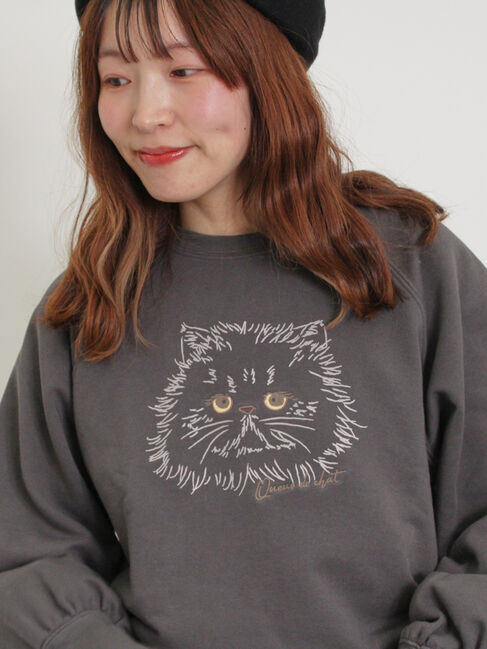Samansa Mos2「ネコプリント刺繍スウェット」|Tシャツ・カットソー|チャコールグレー