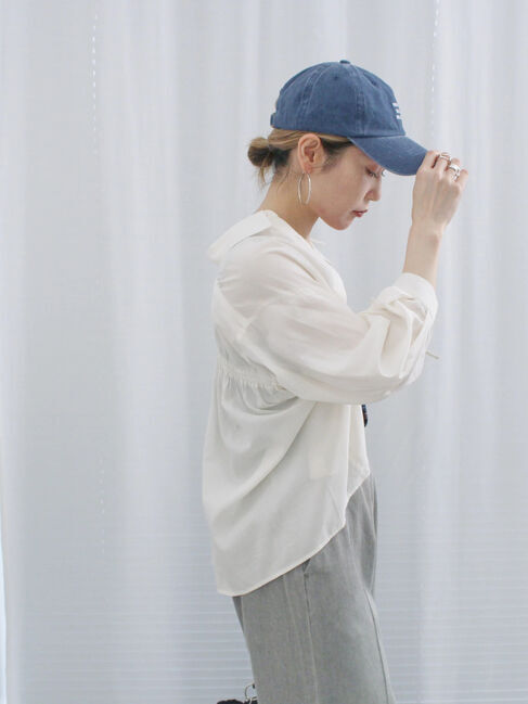 Samansa Mos2 blue「ショート丈シャーリングブラウス」|シャツ・ブラウス|