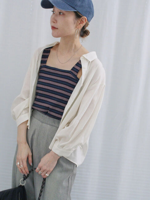 Samansa Mos2 blue「ショート丈シャーリングブラウス」|シャツ・ブラウス|