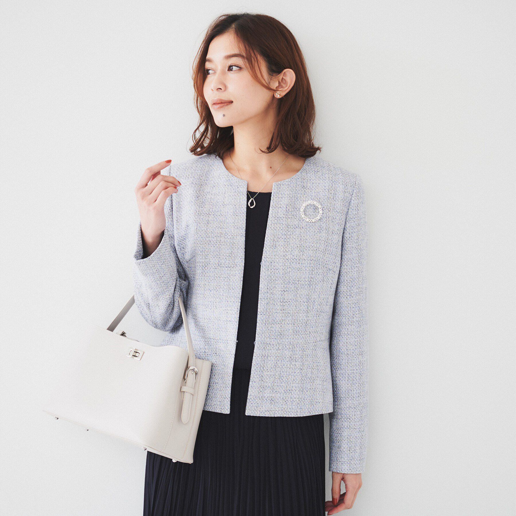 UNTITLED「【通勤】ツイード ペプラムジャケット」|ノーカラージャケット|