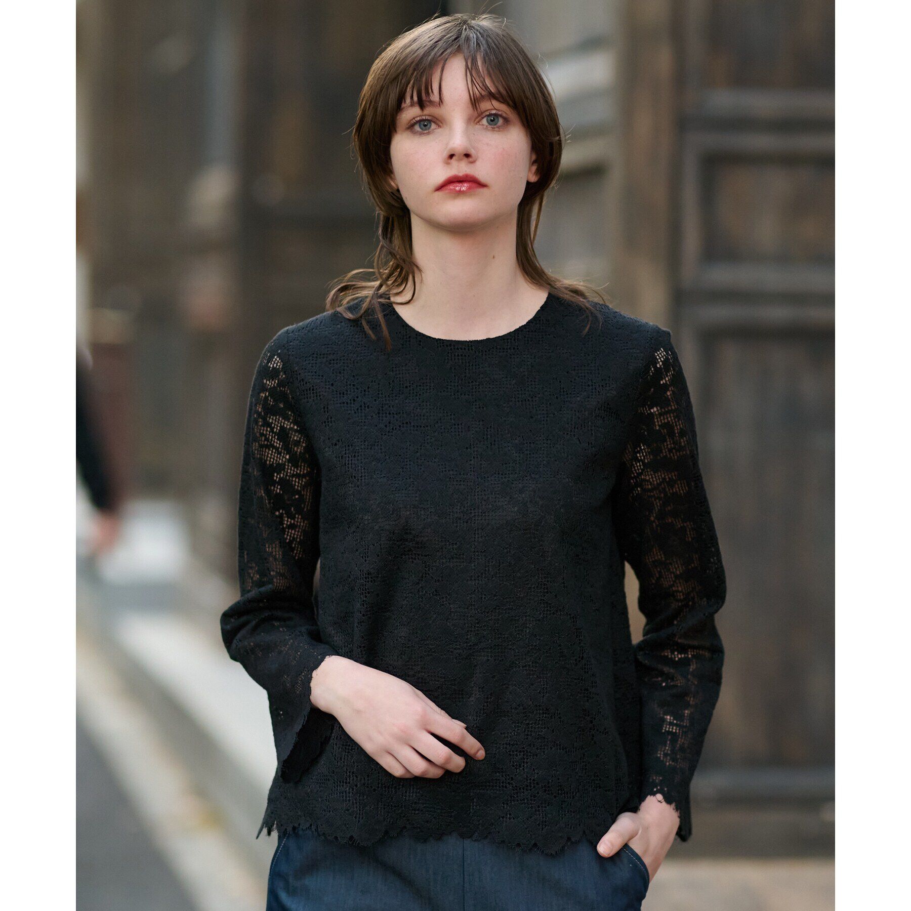 DRESSTERIOR「【通勤/セレモニー/洗える】オーガニックコットンレースブラウス」|シャツ・ブラウス|ブラック(019)