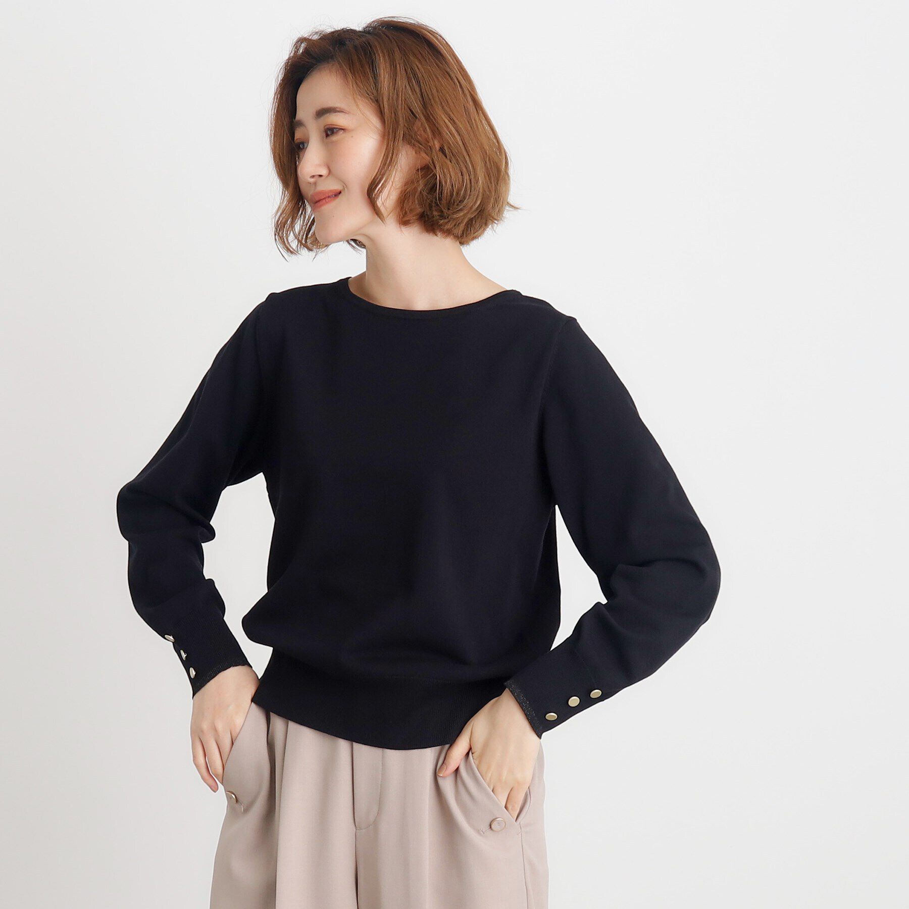 grove「袖ボタンクルーネックプルオーバー」|ニット・セーター|