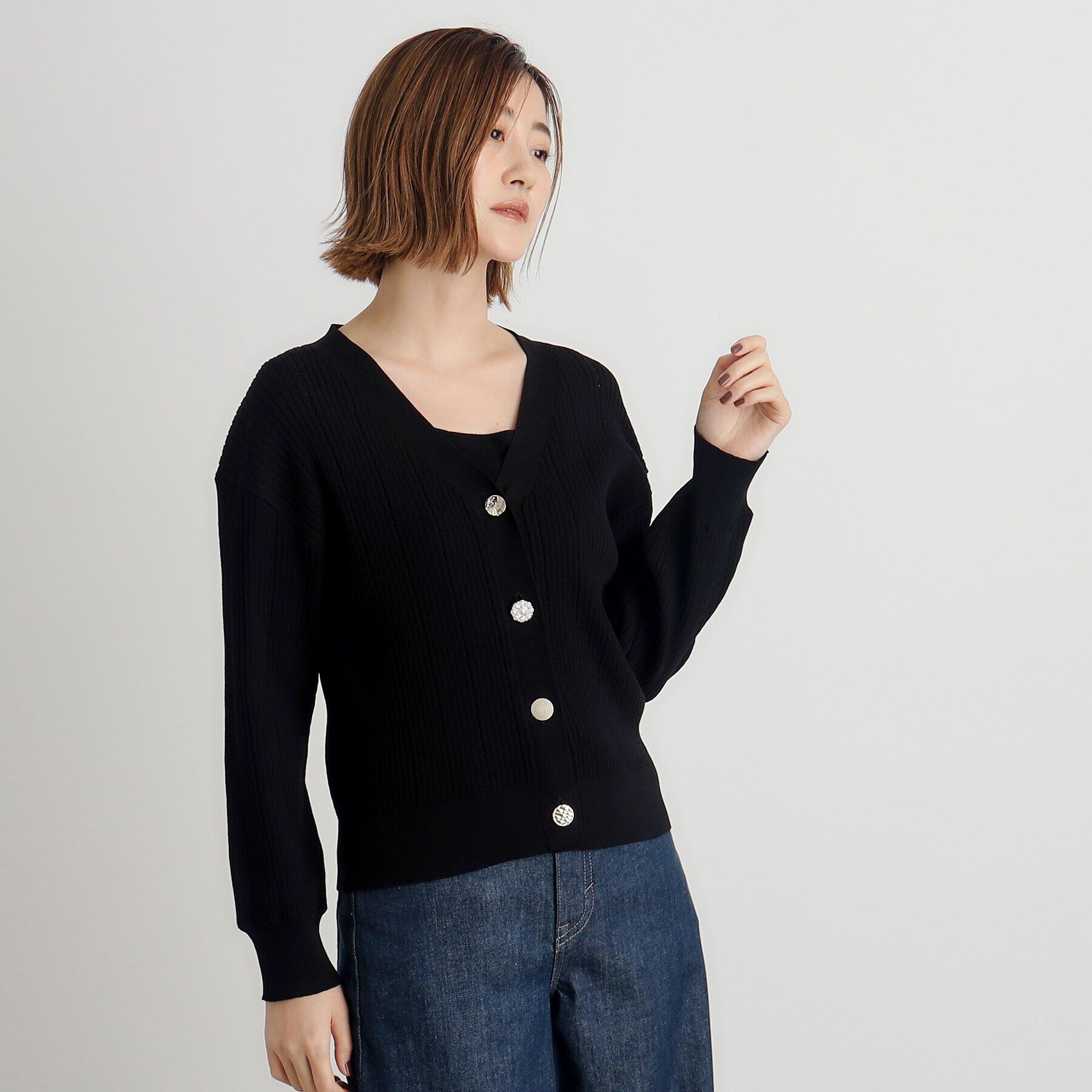 grove「多ボタン透かしニットカーディガン」|カーディガン|ブラック(019)
