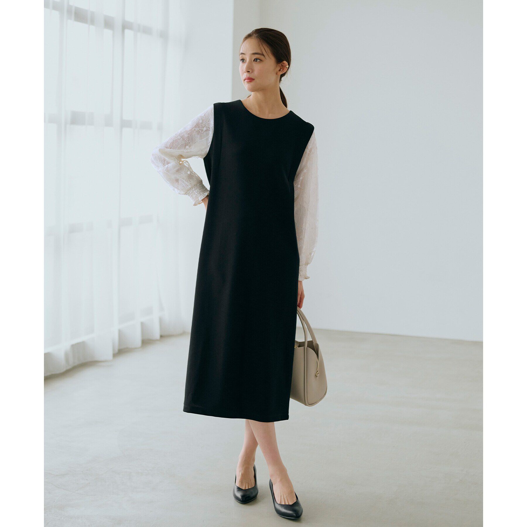 grove「袖スパンコールチュールコンビワンピース」|ワンピース|ブラック(019)