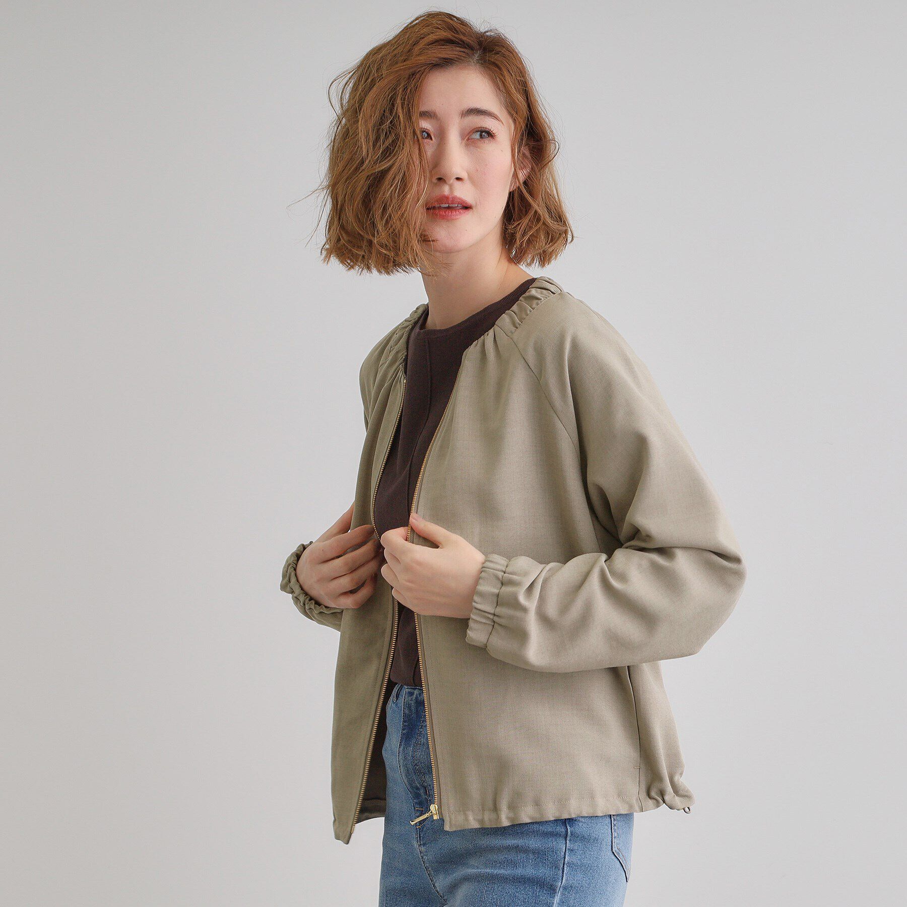 grove「軽やかに羽織る　リネンライクノーカラーブルゾン」|ブルゾン・スタジャン|