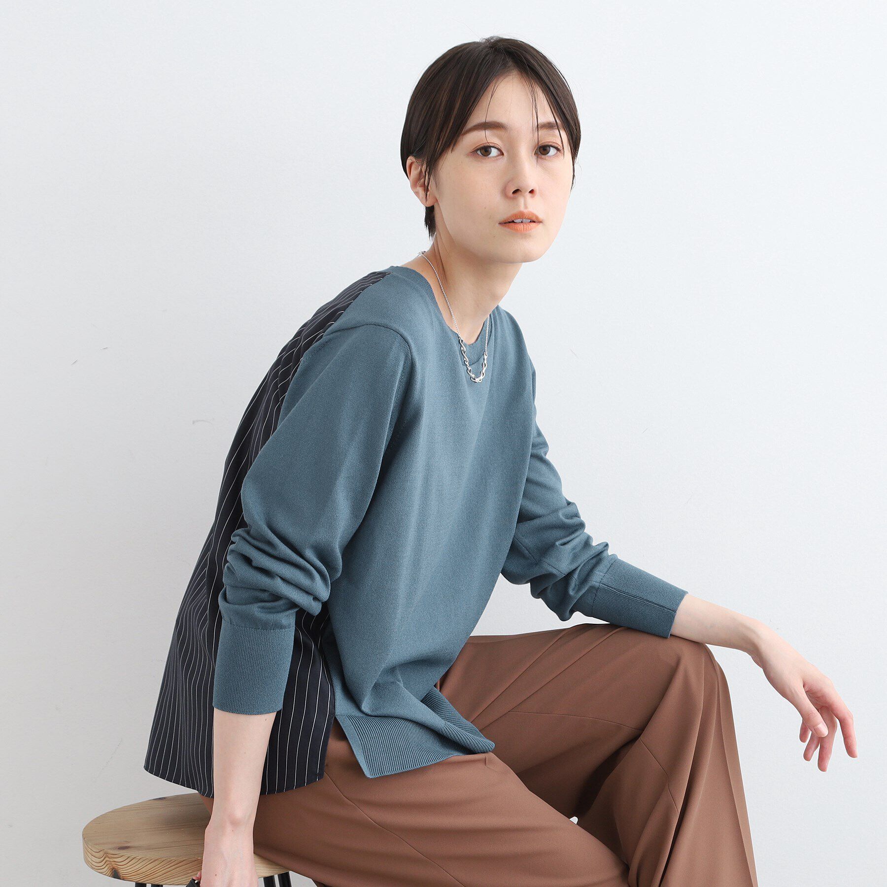 INDIVI「【洗える／バックシャン】ストライプ柄コンビニット」|ニット・セーター|ブルー(592)