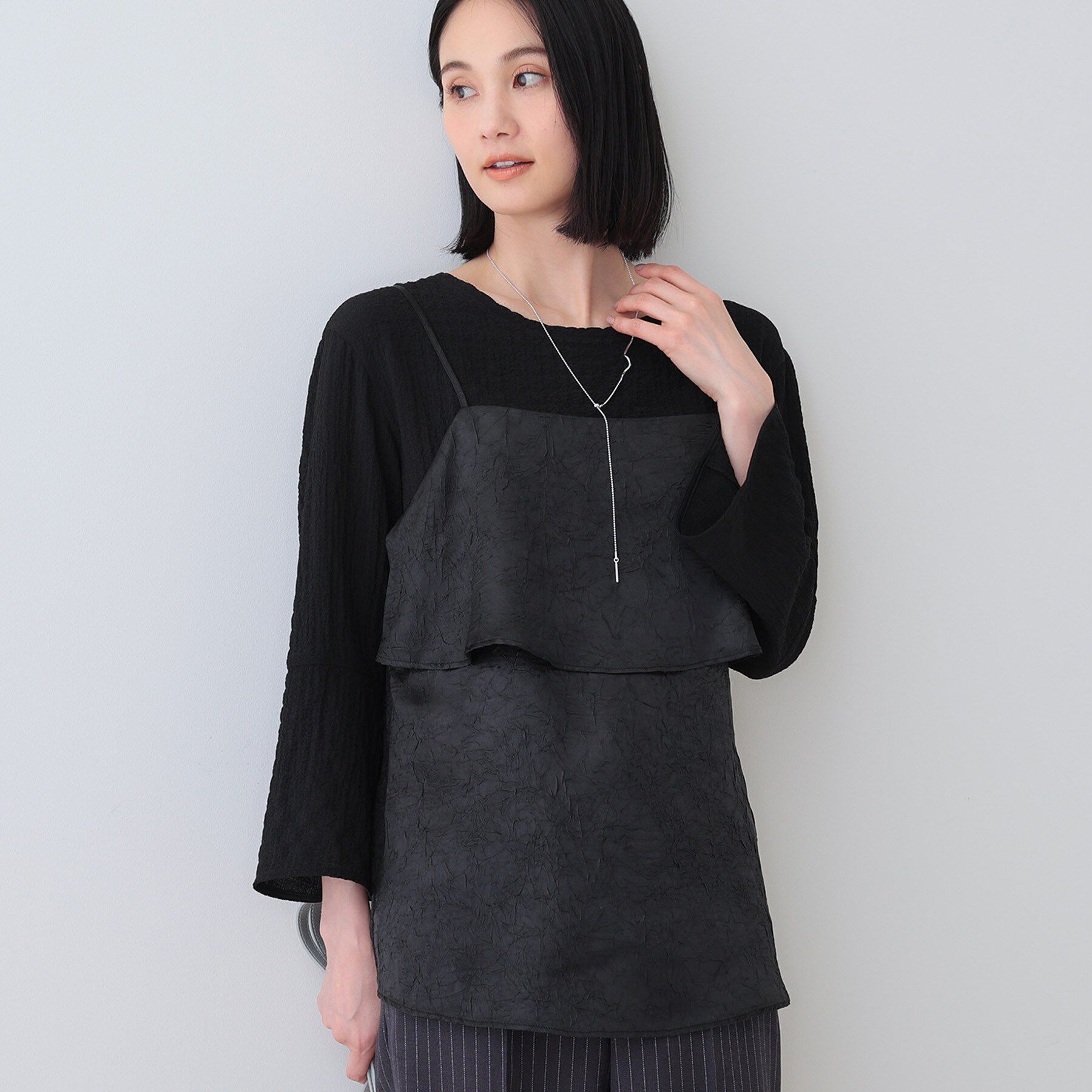 INDIVI「【2点セット／洗える】カセット服 キャミ＆ブラウス セットトップス」|その他|ブラック(019)