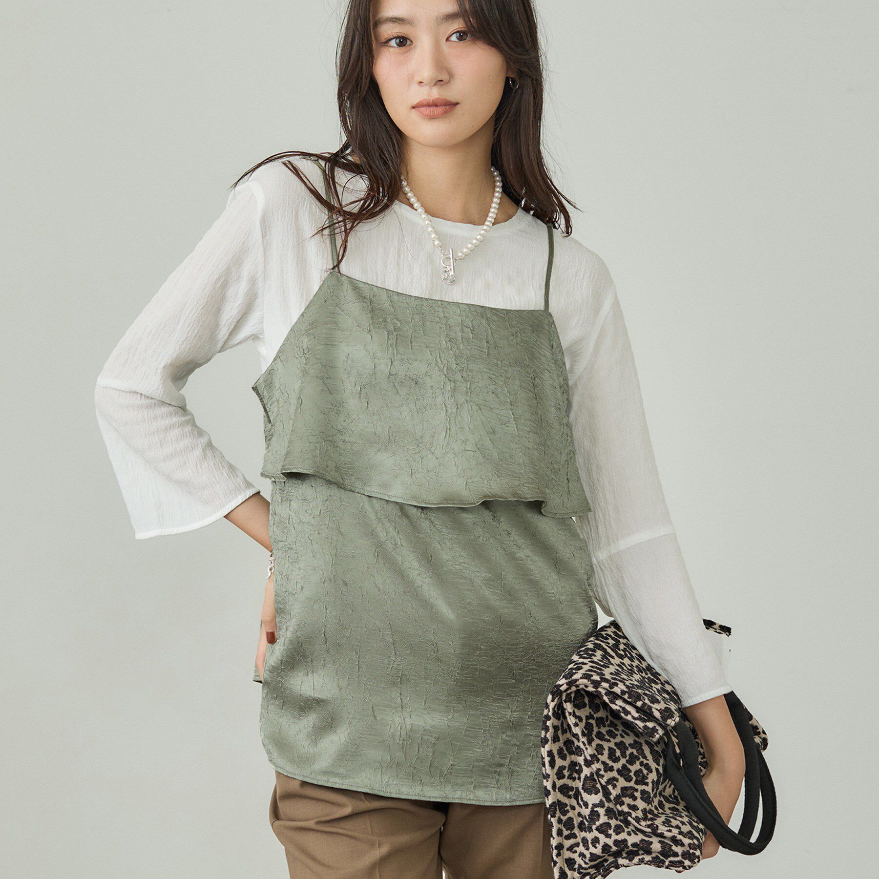 INDIVI「【2点セット／洗える】カセット服 キャミ＆ブラウス セットトップス」|その他|オリーブグリーン(0