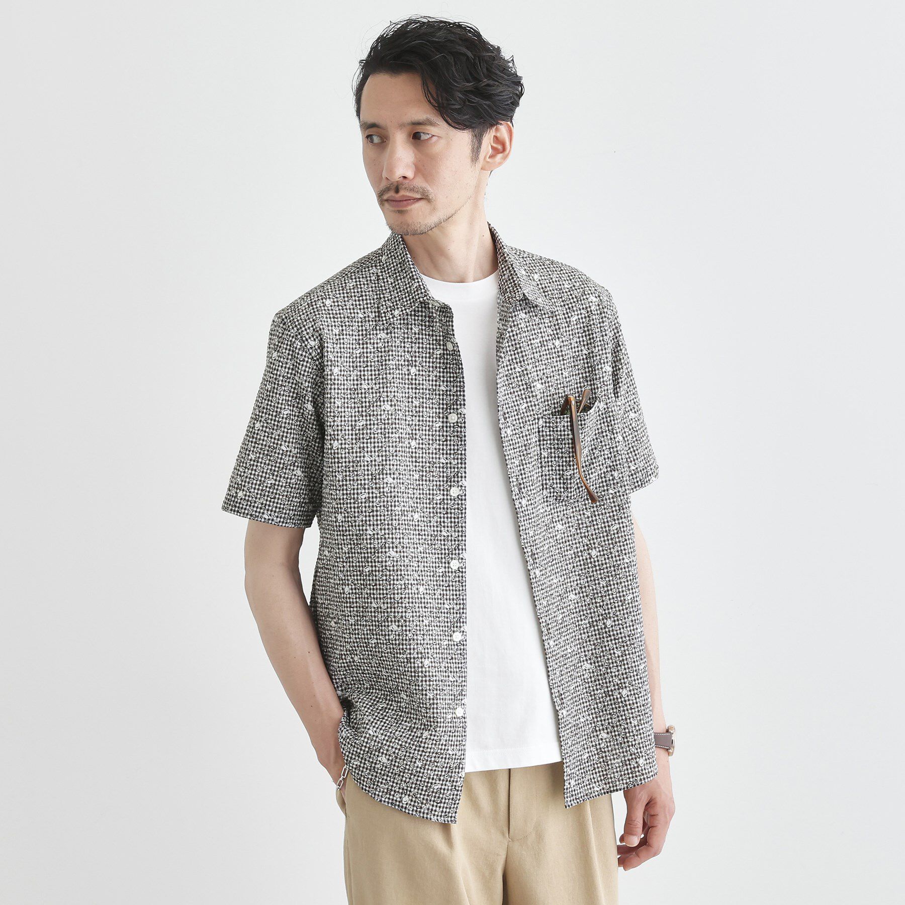 TAKEO KIKUCHI「【無地・チェック・ボタニカル柄】リップル シャツ」|シャツ・ブラウス|ブラウン・ギンガム小