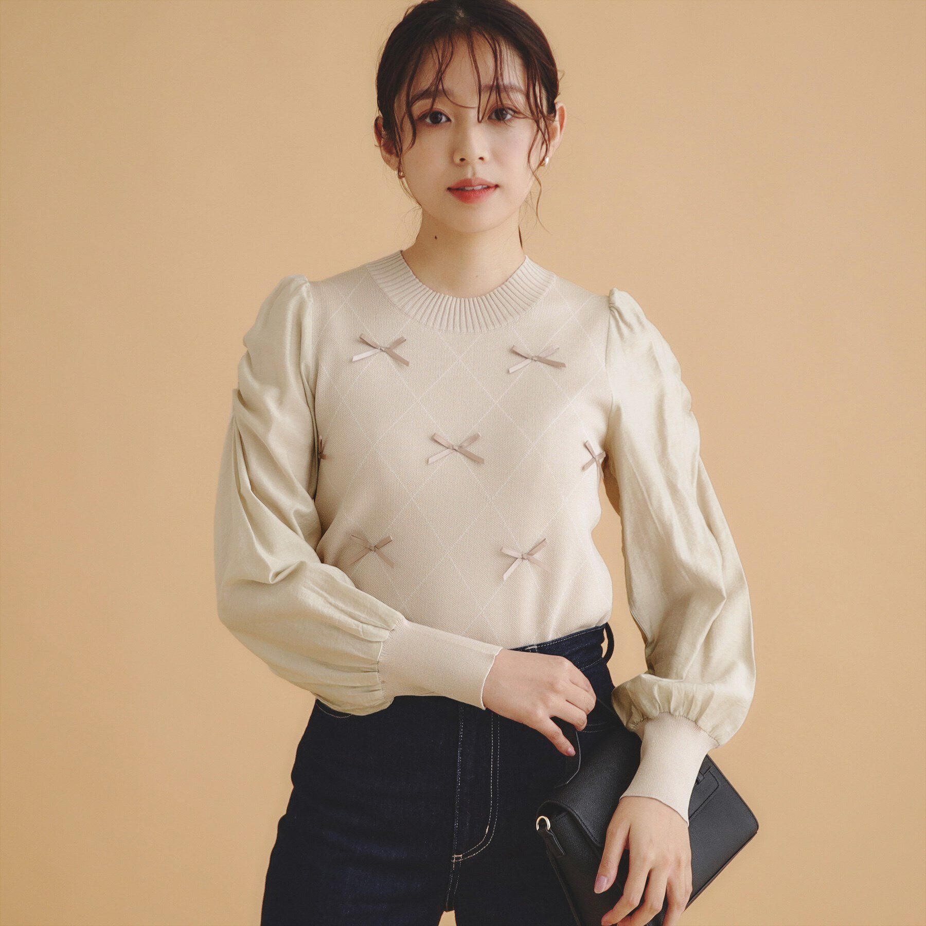index「ダイヤリボンシアーパフスリーブニット/ニットアップ対応【洗濯機洗い可/抗ピル】」|ニット・セーター|