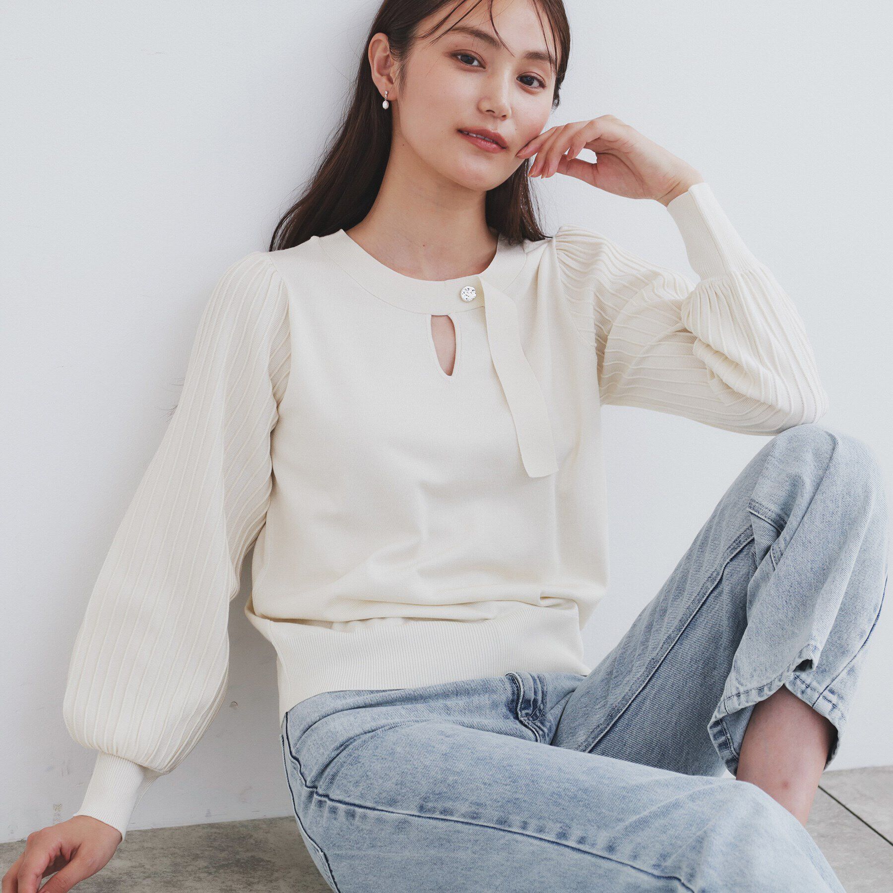 index「前後2way プリーツスリーブニット【洗濯機洗い可/抗ピル】」|ニット・セーター|オフホワイト(003