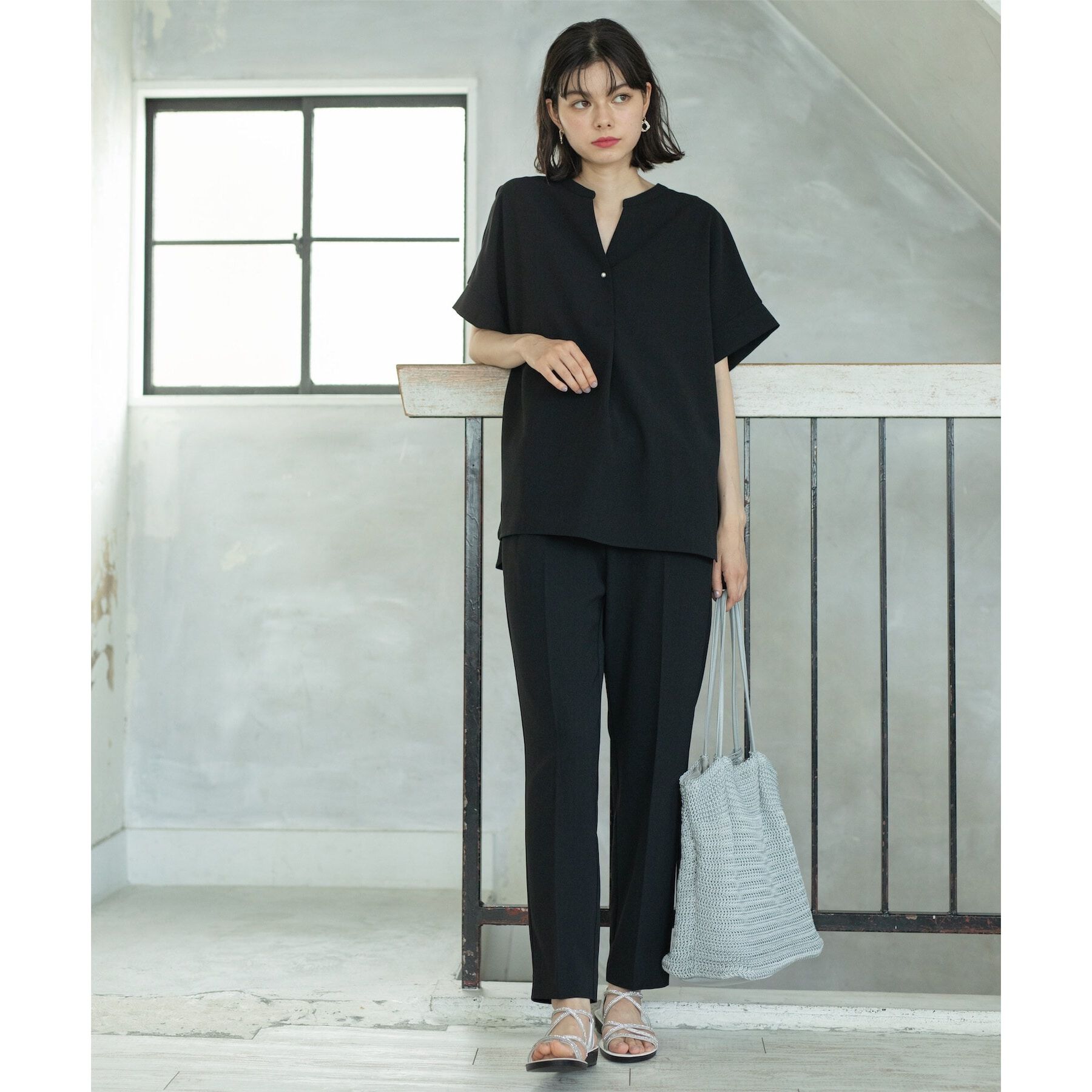 OPAQUE.CLIP「《SS-LLsize≫パール調ボタンスキッパーブラウス/セットアップ対応【防シワ/ストレッチ/抗ピル」|シャツ・ブラウス|