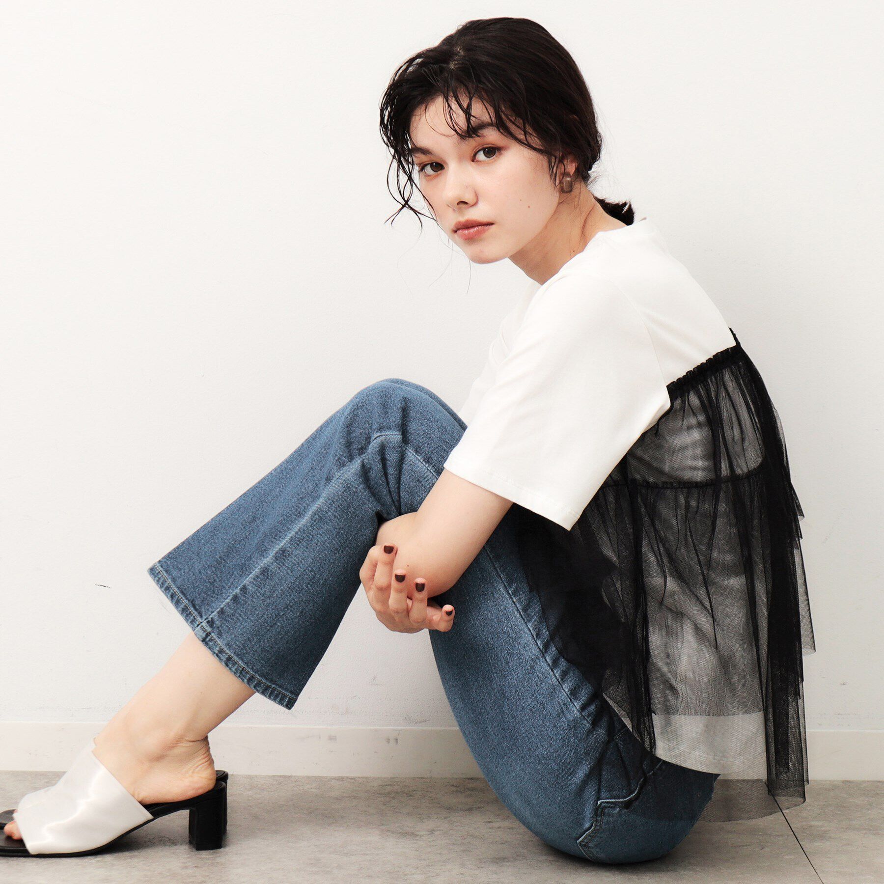 OPAQUE.CLIP「ストレッチセミフレアデニム／オーガニックコットン混【洗濯機洗い可】」|デニム|