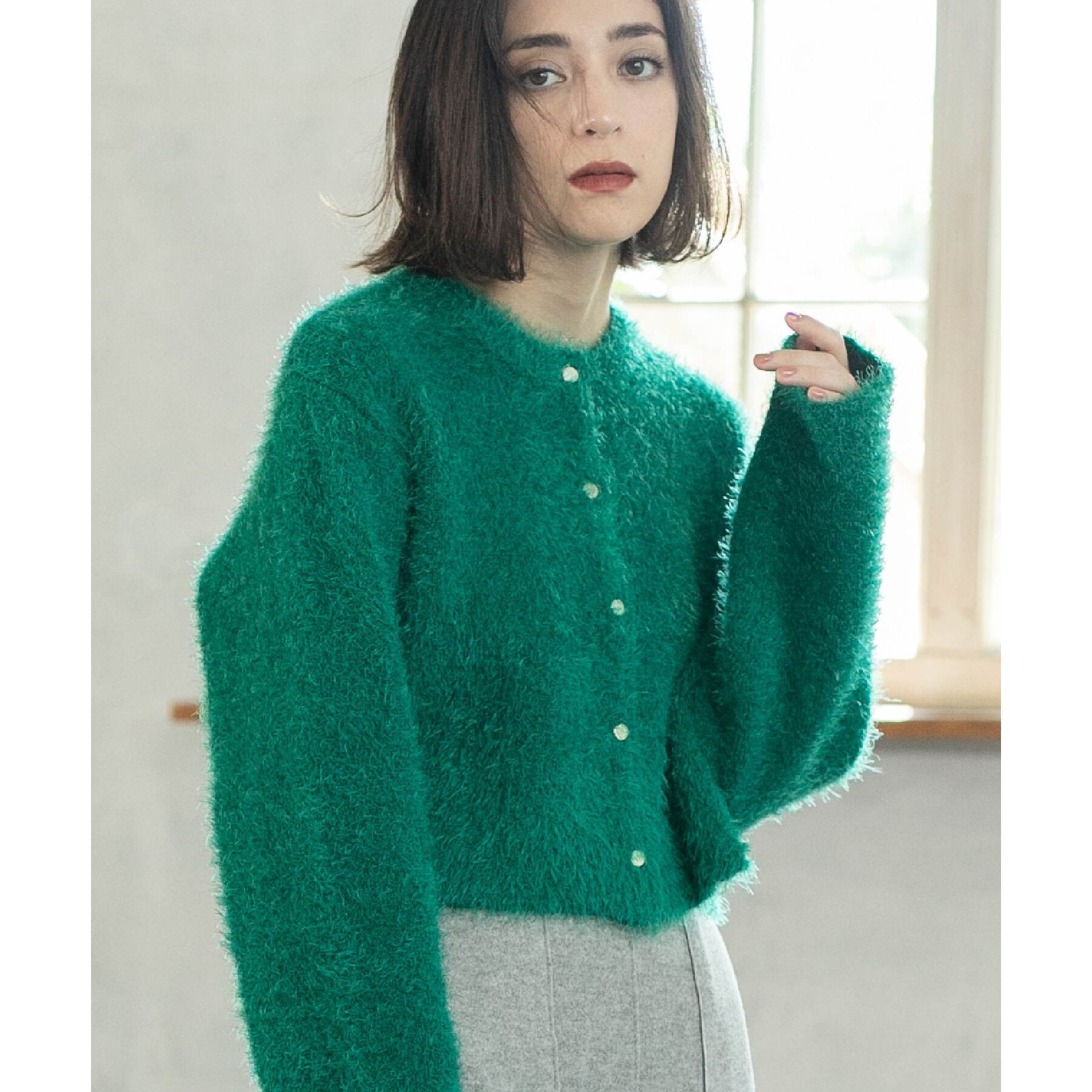 OPAQUE.CLIP「《6color》シャギーニットショートカーディガン【洗濯機洗い可】」|カーディガン|グリーン(022)