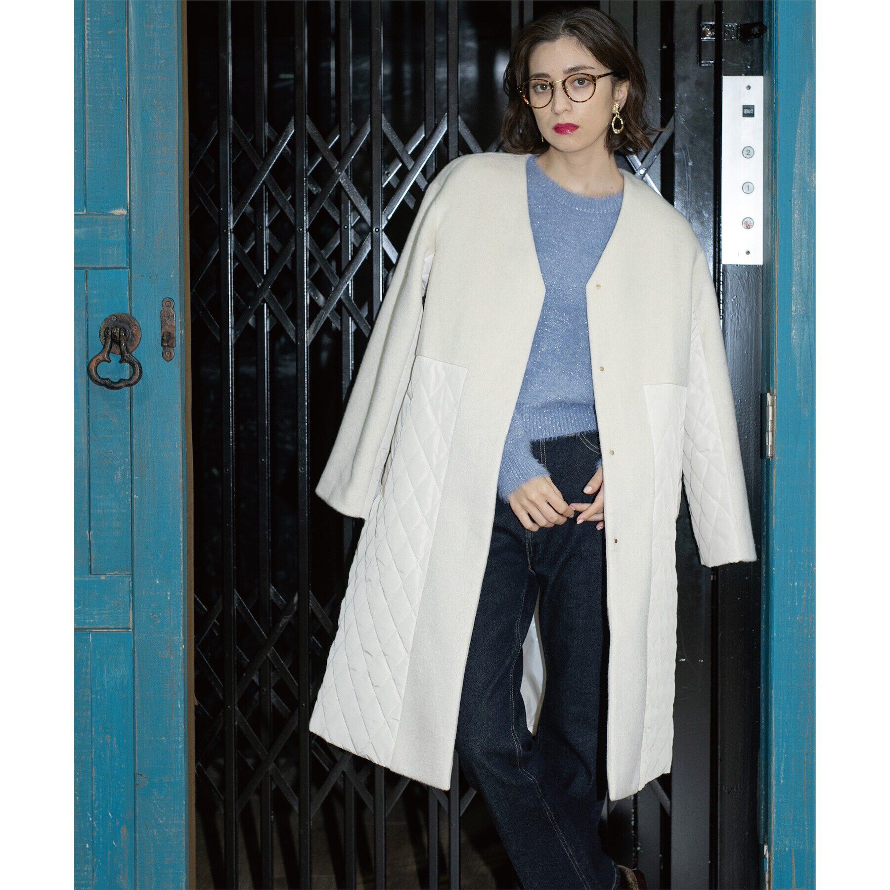 OPAQUE.CLIP「《S-LLsize》ウールカシミヤブレンド キルティングドッキングコート」|ノーカラーコート|オフホワイト(003