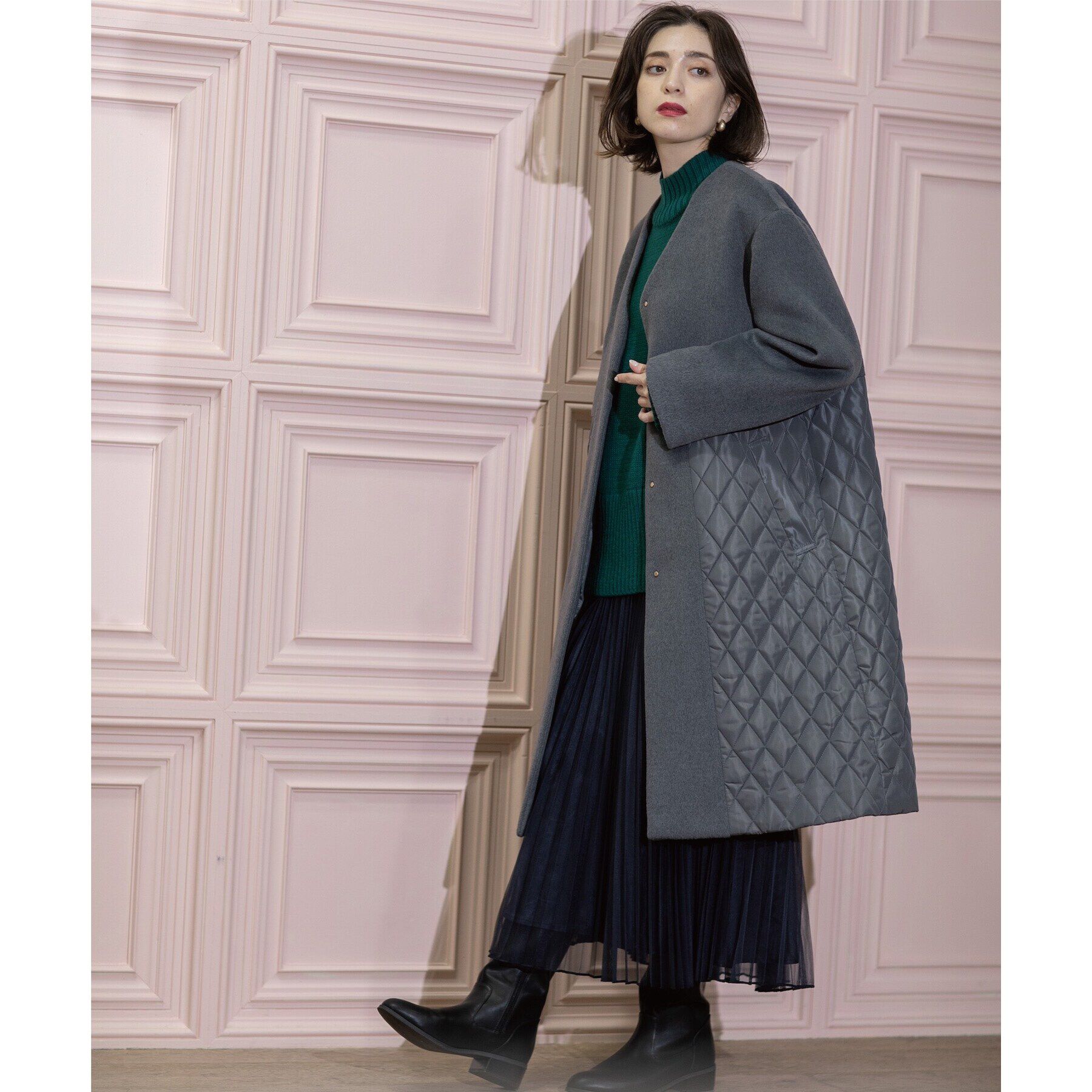 OPAQUE.CLIP「《S-LLsize》ウールカシミヤブレンド キルティングドッキングコート」|ノーカラーコート|チャコールグレー(0