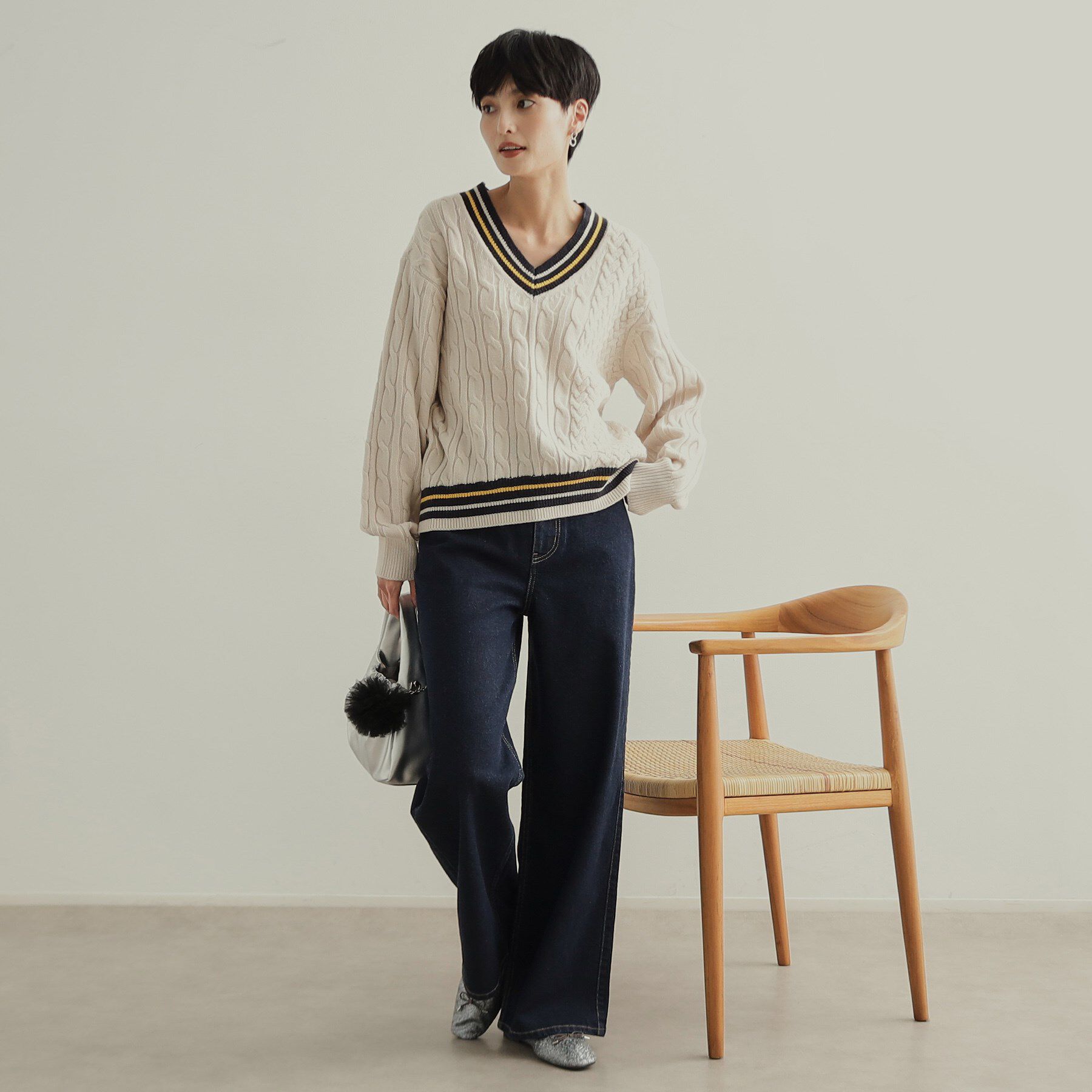 OPAQUE.CLIP「配色ラインチルデンVネックニット【洗濯機洗い可】」|ニット・セーター|