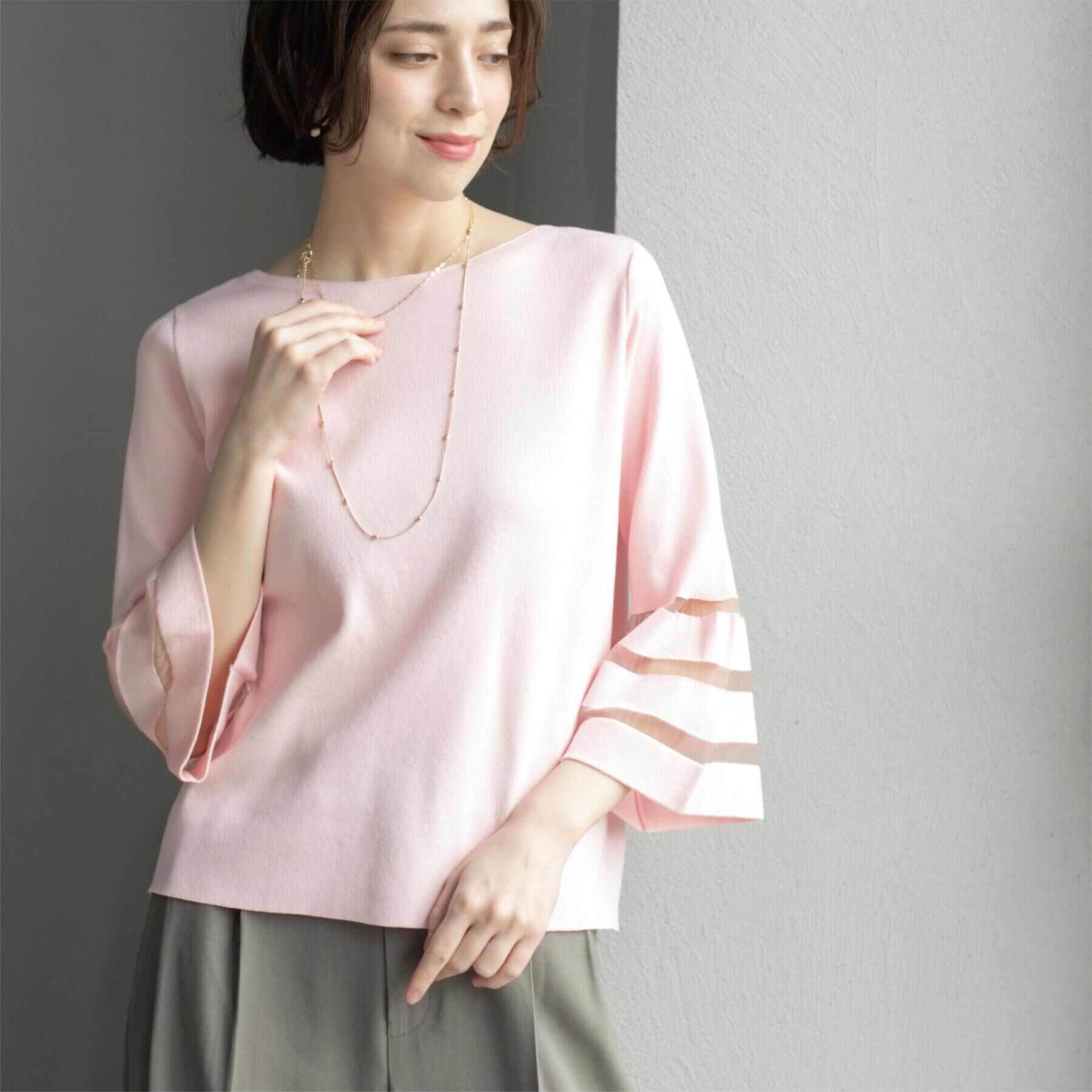 OPAQUE.CLIP「《6色展開》シアーボーダーフレアスリーブニット【洗濯機洗い可】」|ニット・セーター|